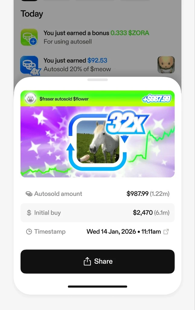 Zora autosell earned summary