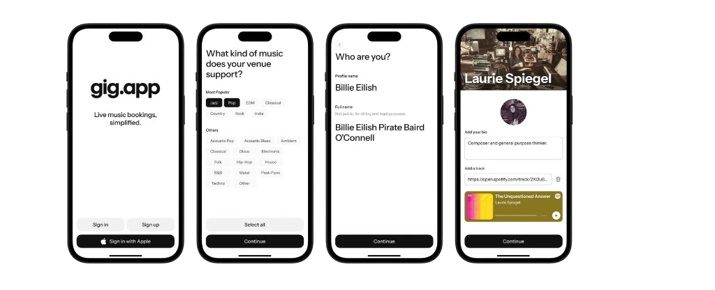 Gig onboarding screens